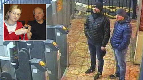 Alexander Petrov and Ruslan Boshirov shown on UK CCTV have been accused by British authorities of trying to poison Sergei and Yulia Skripal, inset. 