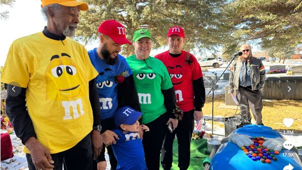 Mary Stocks Martin&#x27;s family at her M&amp;M themed funeral.