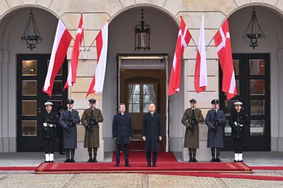  The President of Poland, Andrzej Duda, welcomes King Frederik X Of Denmark at the Presidential Palace on January 31, 2024 in Warsaw, Poland. 