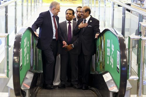 Prime Minister Anthony Albanese, Lulu Global Director, Global Operations & Chief Sustainability Officer Mohamed Althaf MM and Lulu Chairman M. A. Yusuff Ali during a visit to Lulu Hypermarket, which imports Australian goods to the UAE,  at Mushrif Mall in Abu Dhabi, United Arab Emirates on September 29, 2025.  