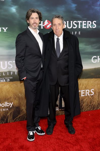 Film director Jason Reitman (L) and father Ivan Reitman attend the "Ghostbusters: Afterlife" New York Premiere at AMC Lincoln Square Theater on November 15, 2021 in New York City
