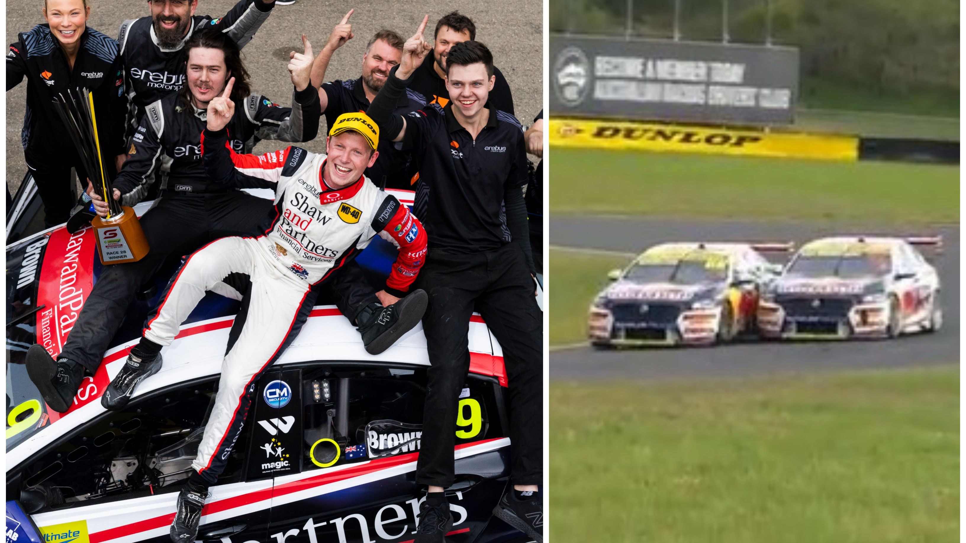 Will Brown celebrates, while Jamie Whincup and Shane van Gisbergen battle.