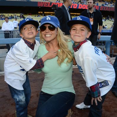 Britney Spears arrives with sons Sean and Jayden at the Los Angeles Dodgers game against the San Diego Padres Wednesday, April 17, 2013 at Dodger Stadium in Los Angeles, California. Photo by Jon SooHoo/LA Dodgers,LLC 2013.