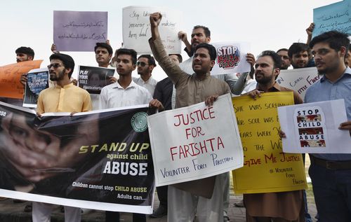 Members of a civil society group, Volunteer Force Pakistan, hold a demonstration to condemn the rape and killing of Farishta Monmand, whose case triggered widespread condemnation and outrage, including on social media. 