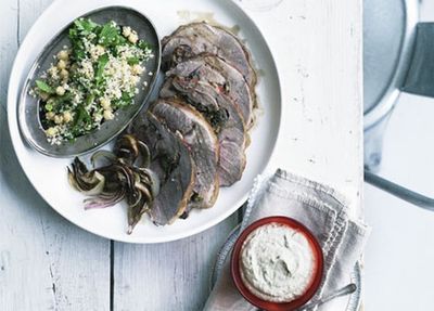 Recipe: <a href="http://kitchen.nine.com.au/2016/05/19/19/55/roast-rolled-lamb-with-baba-ghanoush-and-mint-and-parsley-salad" target="_top">Roast rolled lamb with baba ghanoush and mint and parsley salad</a>