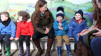 Kate Middleton Duchess of Cambridge with children from two local nurseries during a visit to The Ark Open Farm on February 12, 2020 in Newtownards, Northern Ireland.