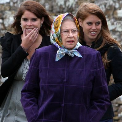 Queen Elizabeth II with Prince Charles, Princess Eugenie and Princess Beatrice at the Castle of Mey after disembarking the Hebridean Princess boat after a private family holiday around the Western Isles of Scotland in 2010. (Photo by  Andrew Milligan - WPA Pool/Getty Images)