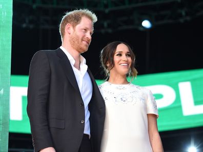 Prince Harry, Duke of Sussex and Meghan, Duchess of Sussex speak onstage during Global Citizen Live, New York on September 25, 2021 in New York City. (Photo by Kevin Mazur/Getty Images for Global Citizen )