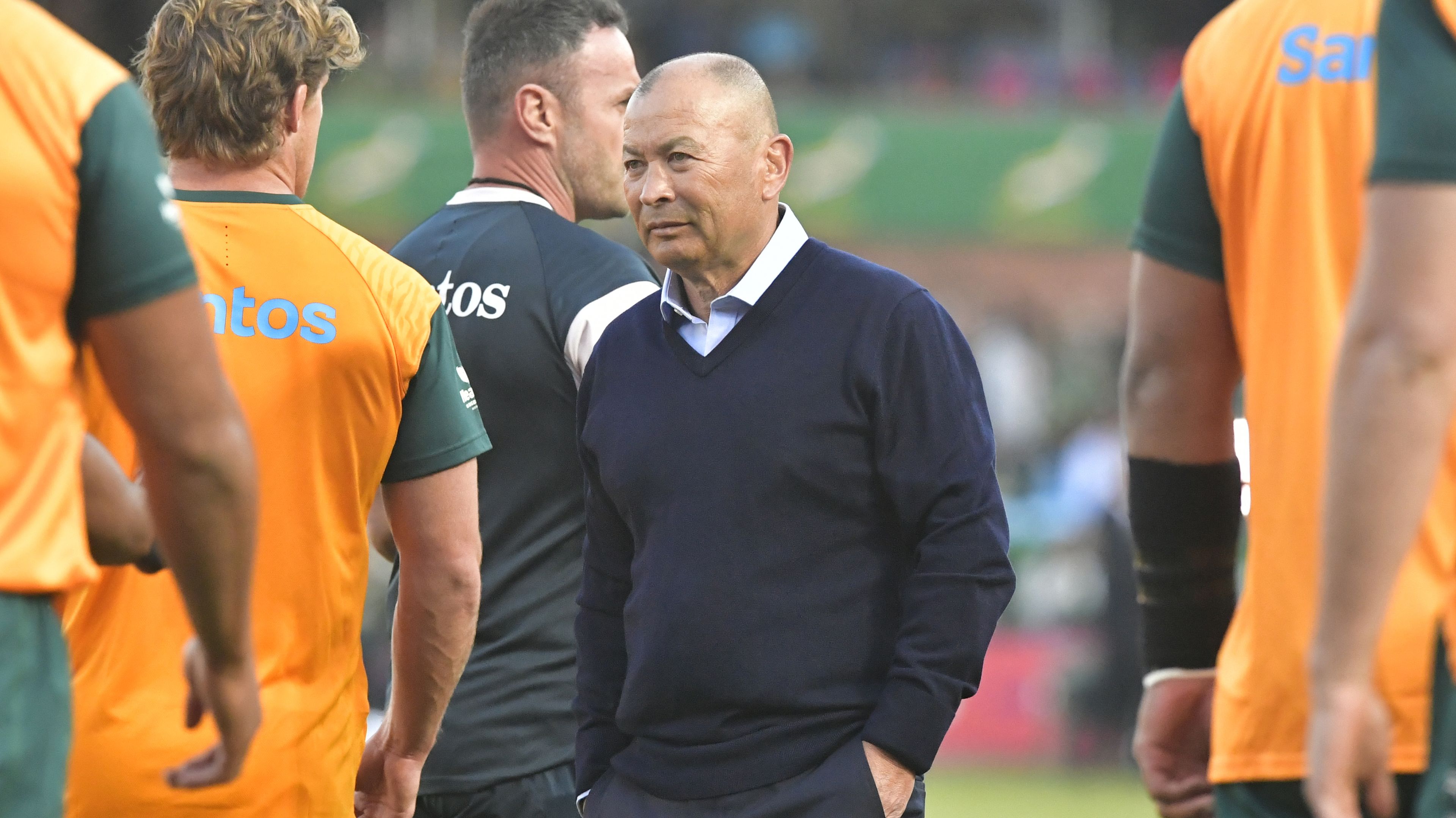 Eddie Jones with players of the Wallabies in South Afriace ahead of the first Rugby Championship clash.