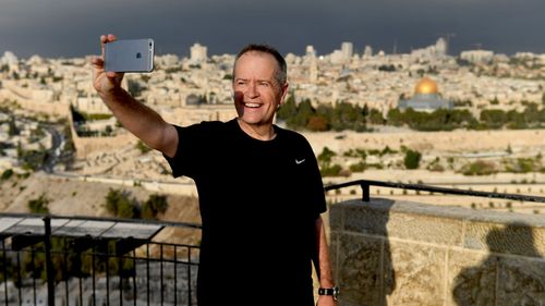 Federal Labor leader Bill Shorten takes a selfie during his morning run at the top of the Mount of Olives in Jerusalem, Israel. (AAP)