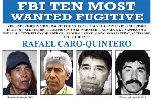 FILE - This image released by the FBI shows the wanted poster for Rafael Caro-Quintero, who was behind the killing of a U.S. DEA agent in 1985. Caro-Quintero has been captured by Mexican forces nearly a decade after walking out of a Mexican prison and returning to drug trafficking, an official with Mexico's navy confirmed Friday, July 15, 2022. (FBI via AP, File)