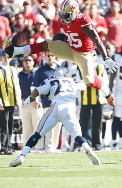 <b>It was a mixed night for 49ers star Vernon Davis as San Francisco overpowered the St Louis Rams to win their NFL clash, 23-13. </b><br/><br/>In the third quarter, Davis was left writhing on the ground in pain after an opponent dragged him down by the groin. <br/><br/>It was agony to ecstasy for Davis when he scored his 50th touchdown for the 49ers in the final quarter after hurdling an opponent. The second time he pulled off the acrobatic, and dangerous, play in the win. <br/><br/>Click through to see both of the incidents.   <br/>