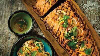 Chargrilled salmon with hot and sour dressing and pickled vegetable salad