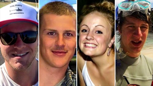 Bus crash victims (from L to R) Zach Bray, Kane Symons, Rebecca Mullen and Angus Craig.