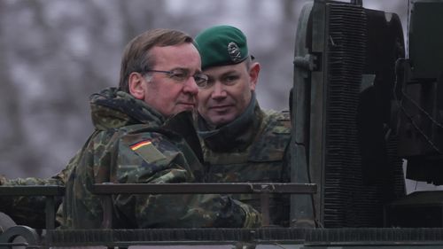 Puma infantry fighting vehicles of Panzergrenadierbataillon 122, a mechanized infantry unit of the Bundeswehr, the German armed forces, participate in a live fire exercise during a visit by German Defence Minister Boris Pistorius 