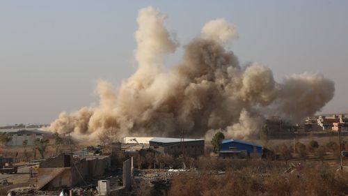 Smoke rises after US-led coalition's airstrike over east of Bashiqa town in Mosul, Iraq, on November 7, 2016.