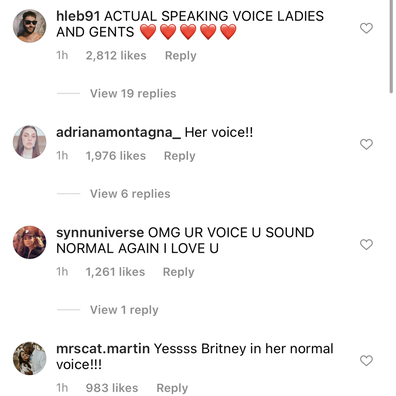 Britney Spears' followers notice her voice sounding noticeably 'more normal' on Instagram.