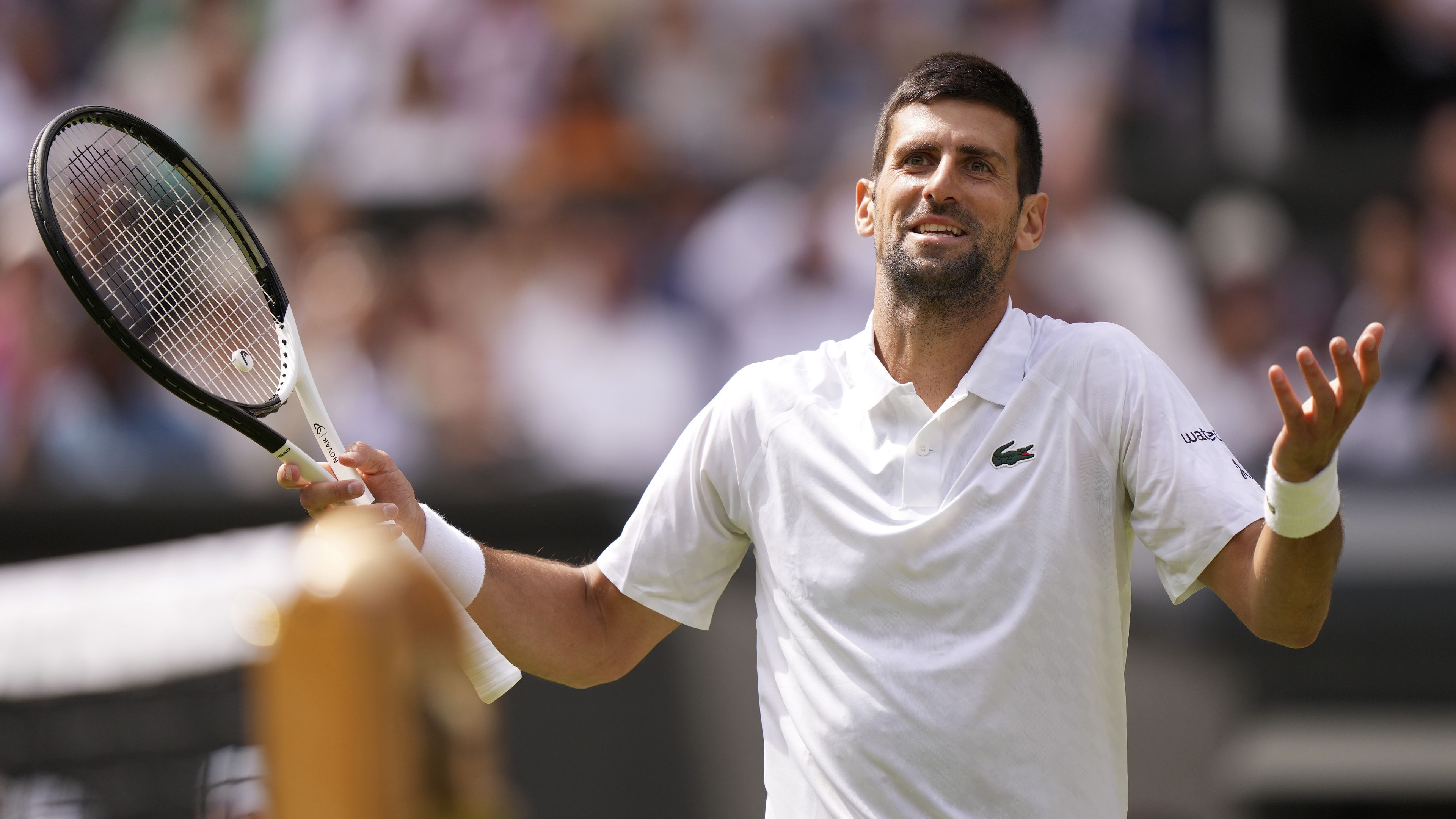 Serbia&#x27;s Novak Djokovic reacts as he plays Poland&#x27;s Hubert Hurkacz in the fourth round at Wimbledon.
