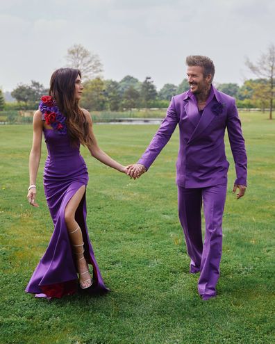 Victoria and David Beckham recreate their wedding day 25 years on by wearing their purple  Antonio Berardi outfits from the reception