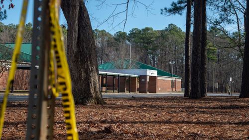 Police tape outside Richneck Elementary School following the shooting on January 7 in Newport News, Virginia.
