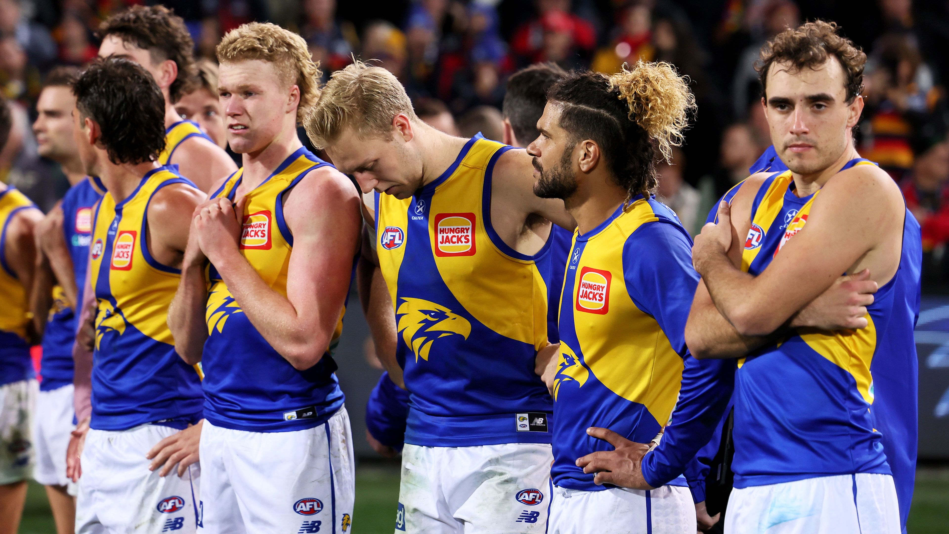 ADELAIDE, AUSTRALIA - JUNE 10: The Eagles after their loss during the 2023 AFL Round 13 match between the Adelaide Crows and the West Coast Eagles at Adelaide Oval on June 10, 2023 in Adelaide, Australia. (Photo by James Elsby/AFL Photos via Getty Images)