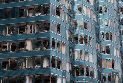 Office towers damaged by Typhoon Mangkhut in Hung Hom district, Hong Kong, China.