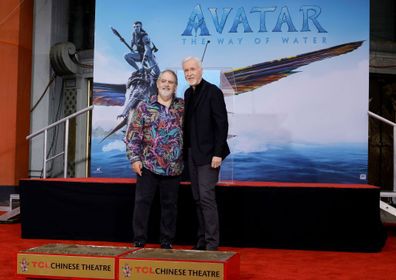 HOLLYWOOD, CALIFORNIA - JANUARY 12: (L-R) Jon Landau and James Cameron attend their Hand and Footprint Cement Ceremony At TCL Chinese Theatre on January 12, 2023 in Hollywood, California. (Photo by Kevin Winter/Getty Images)