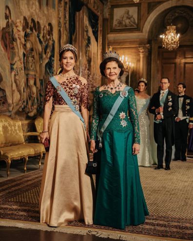 Queen Mary of Denmark and Queen Silvia of Sweden at a Gala Dinner to mark the Danish royals' first state visit since becoming monarchs