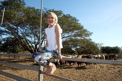 Julie Bishop poses for a photo on a fence at Beatrice Hill Buffalo Farm, 60km east of Darwin. Pictures: Richard Wainwright (AAP) 