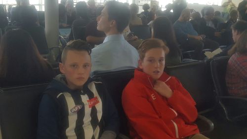 Lachlan and his friend Tyler, both 12, were left stranded for nine hours in Sydney Airport today after Jetstar abruptly cancelled five flights, including theirs. Picture: Supplied.