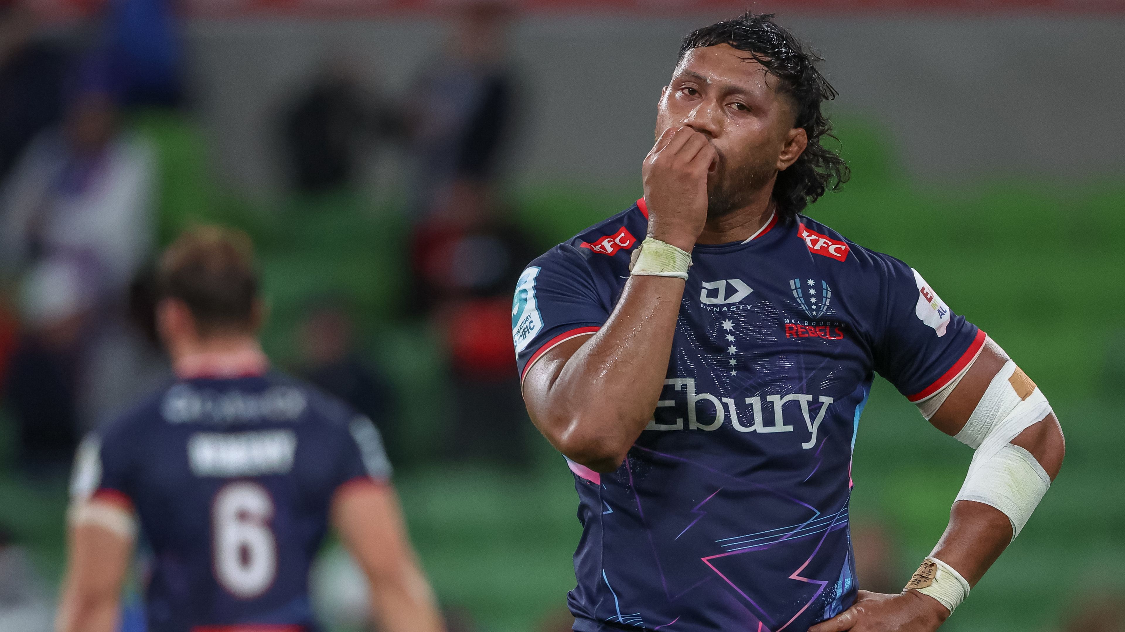 Rob Leota of the Rebels reacts after the loss to the Brumbies.