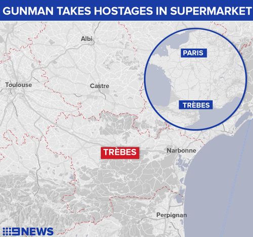 Trebes is located  in southern France about 100km south-east of Toulouse. (9NEWS)