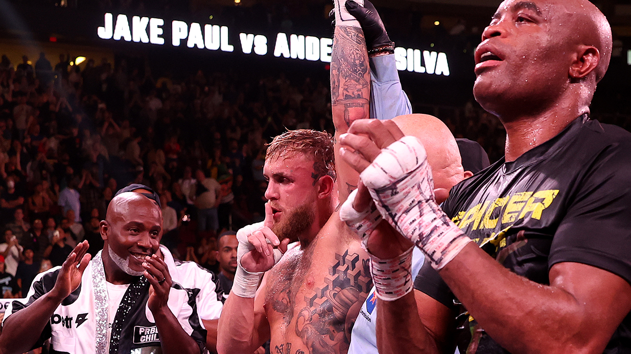 Jake Paul celebrates with his team after his unanimous decision win over Anderson Silva.