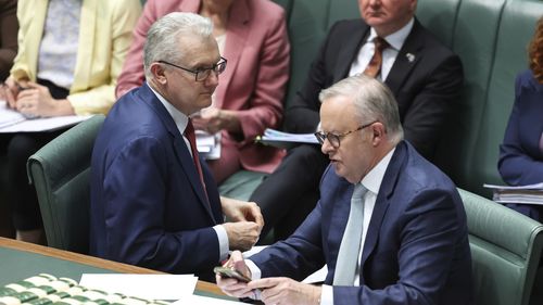 Minister for Home Affairs, Minister for Immigration and Citizenship, Minister for Cyber Security, Minister for the Arts and Leader of the House Tony Burke and Prime Minister Anthony Albanese during Question Time at Parliament House in Canberra on Tuesday 2 September 2025.
