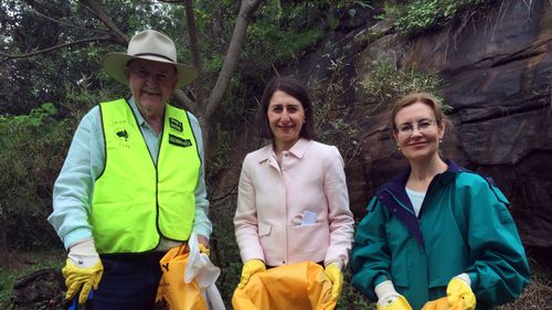 NSW Premier Gladys Berejiklian with Environment Minister Gabrielle Upton and Clean Up Australia Day founder Ian Kiernan at Mosman on Sunday, March 5, 2017.