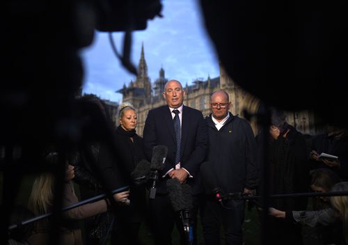 Family spokesman Radd Seiger (middle) speaks to the media on behalf of the parents of Harry Dunn, Tim Dunn and Charlotte Charles, after meeting with Foreign Secretary Dominic Raab on October 9, 2019 in London, England.