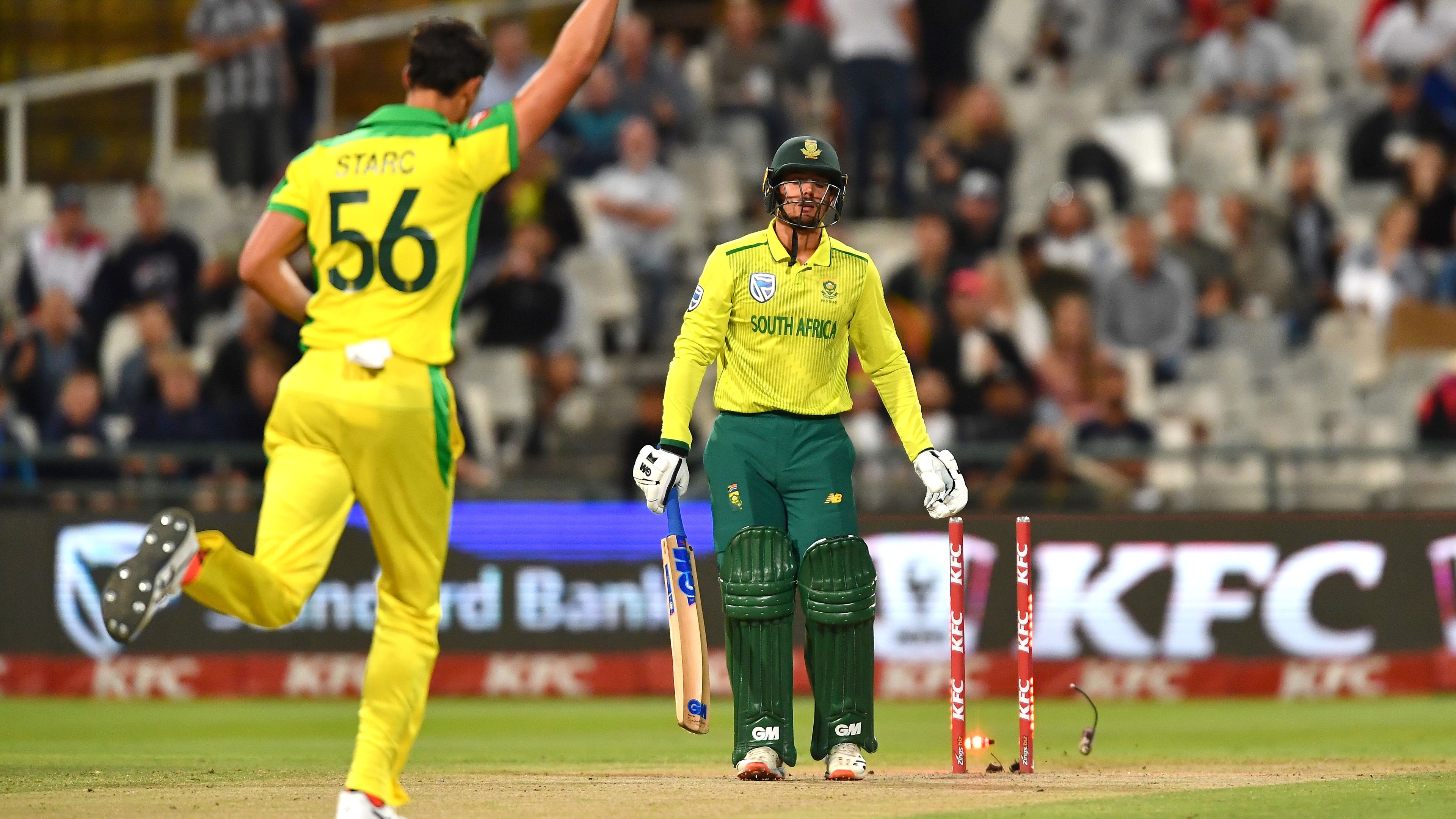 Quinton de Kock is bowled by Mitchell Starc during the 3rd T20 International match between South Africa and Australia at Newlands in February 2020. Photo: Ashley Vlotman