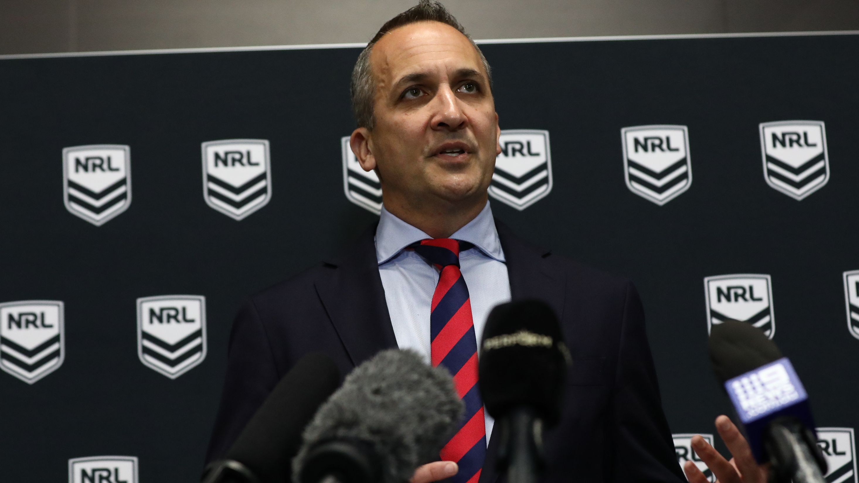 NRL CEO Andrew Abdo speaks to the media.