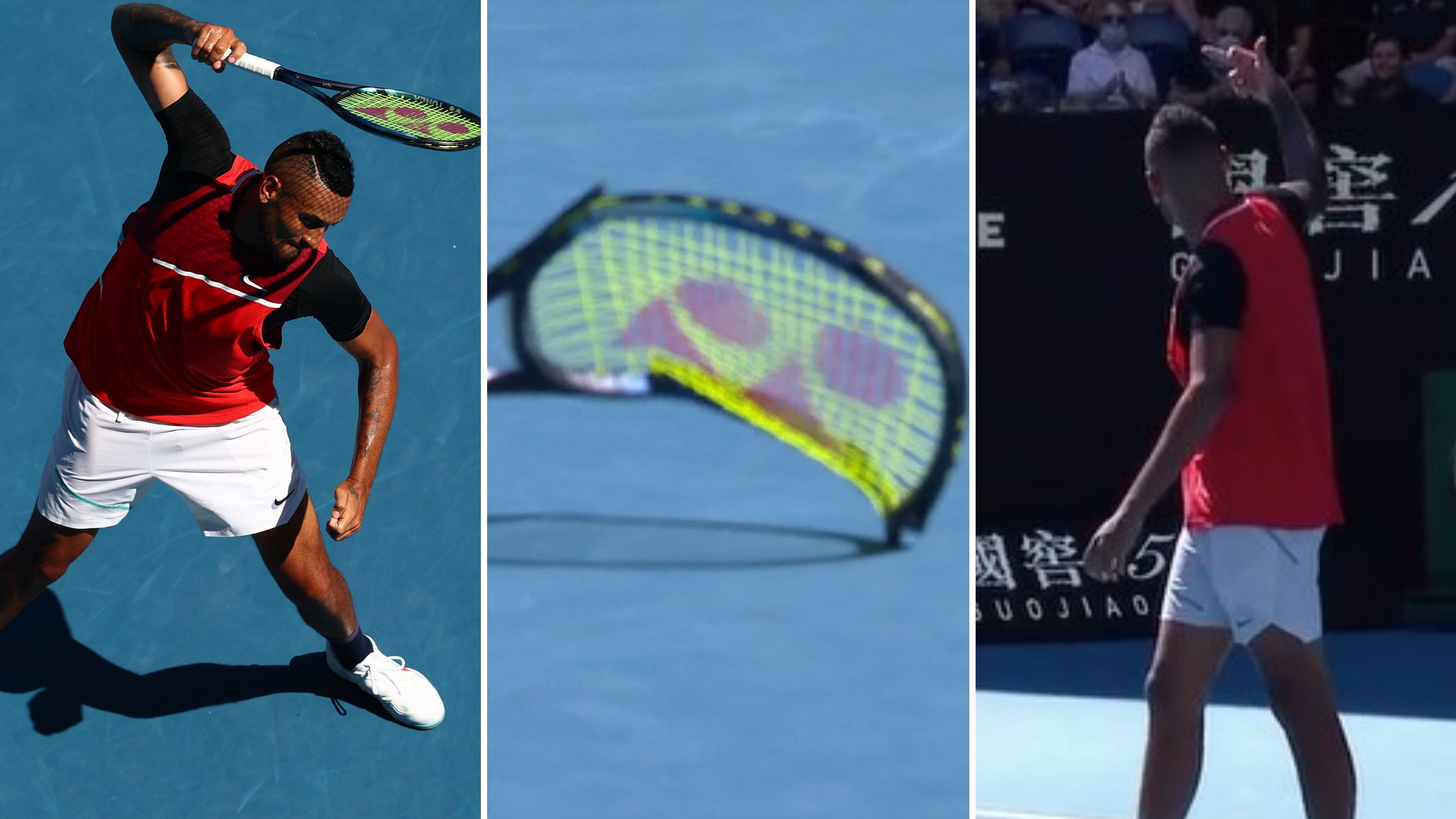 Nick Kyrgios melted down during his doubles win, smashing a racquet and flipping off the crowd.