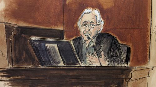 In this courtroom sketch, Robert De Niro testifies in Manhattan federal court, Tuesday, Oct. 31, 2023, in New York. (Elizabeth Williams via AP)