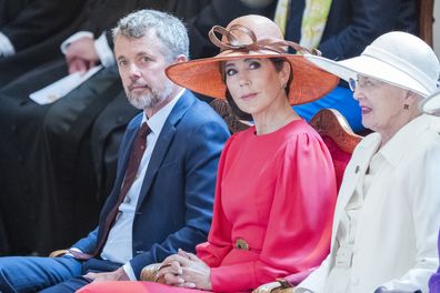 COPENHAGEN, DENMARK - JUNE 5: King Frederik X, Queen Mary and Queen Margrethe participates in marking the 175th anniversary of the Constitution at Holmen's Church on June 5, 2024 in Copenhagen, Denmark.  (Photo by Martin Sylvest Andersen/Getty Images)