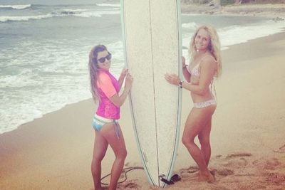 Hang ten!<br/><br/>Lea's pro-surfer pal Malia helps the petite <i>Glee</i> star with her Learn to Ride-Surf lessons.