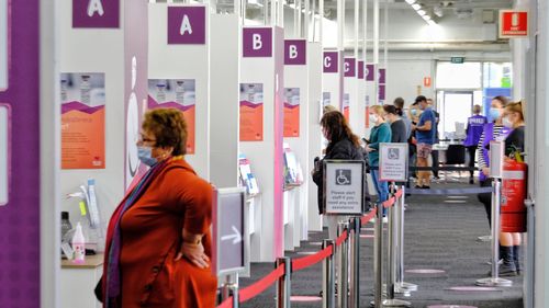 The Barwon Health vaccination hub at the old Ford Factory in Geelong, Victoria.