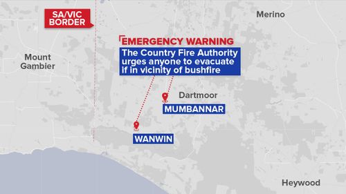 A bushfire is raging out of control 17km west of Dartmoor near the Wanwin and Mumbannar areas close to the Victoria-South Australia border (Google).