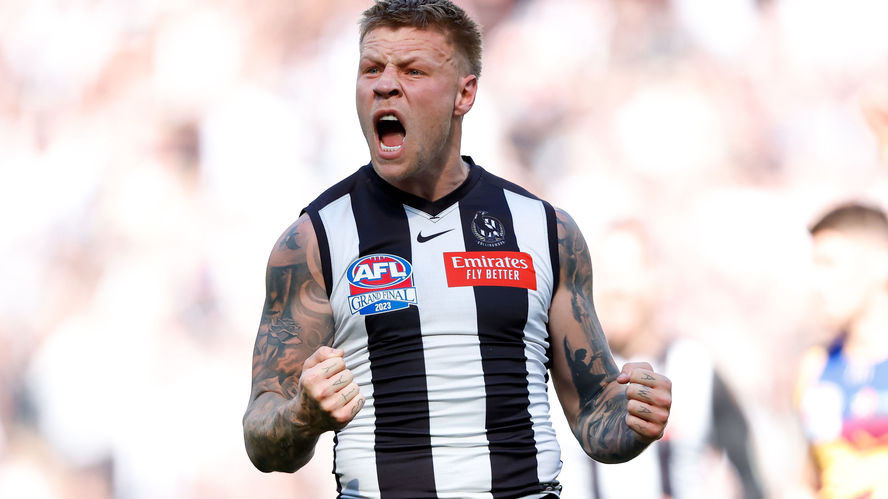 MELBOURNE, AUSTRALIA - SEPTEMBER 30: Jordan De Goey of the Magpies celebrates a goal during the 2023 AFL Grand Final match between the Collingwood Magpies and the Brisbane Lions at the Melbourne Cricket Ground on September 30, 2023 in Melbourne, Australia. (Photo by Dylan Burns/AFL Photos via Getty Images)