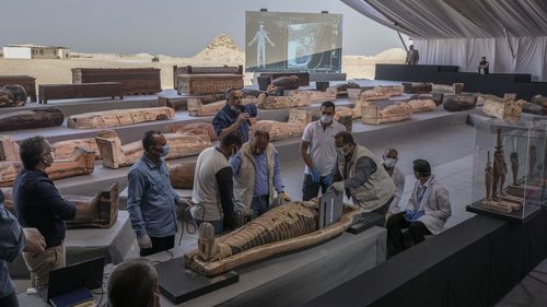 Mostafa Waziri, the secretary-general of the Supreme Council of Antiquities speaks about an ancient sarcophagus more than 2500 years old discovered in a vast necropolis, as archeologists carry out an X-ray visualising the structures of the ancient mummy.