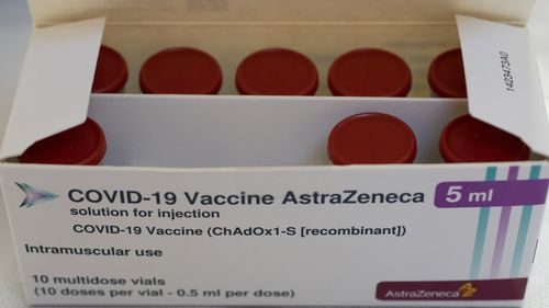 A box with vials of AstraZeneca vaccine for COVID-19 