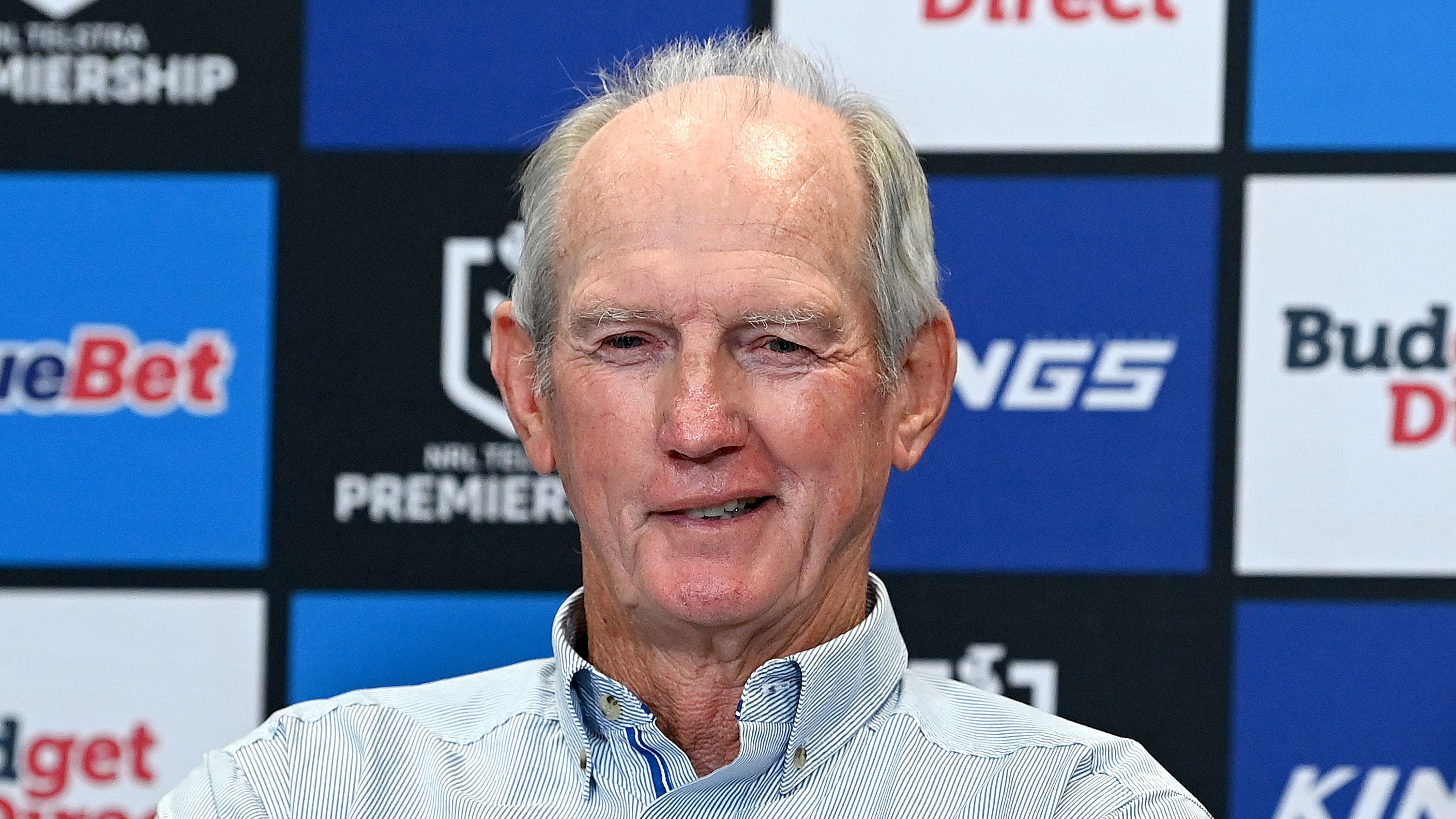 BRISBANE, AUSTRALIA - APRIL 23: Coach Wayne Bennett of the Dolphins gives a smile at a post match press conference after the round eight NRL match between the Dolphins and Gold Coast Titans at Suncorp Stadium on April 23, 2023 in Brisbane, Australia. (Photo by Bradley Kanaris/Getty Images)