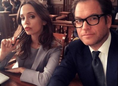 Michael Weatherly and Eliza Dushku on the set of Bull.