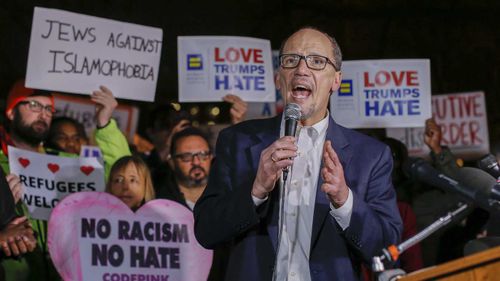 DNC chairman Tom Perez speaks at a rally outside the White House. (AAP)